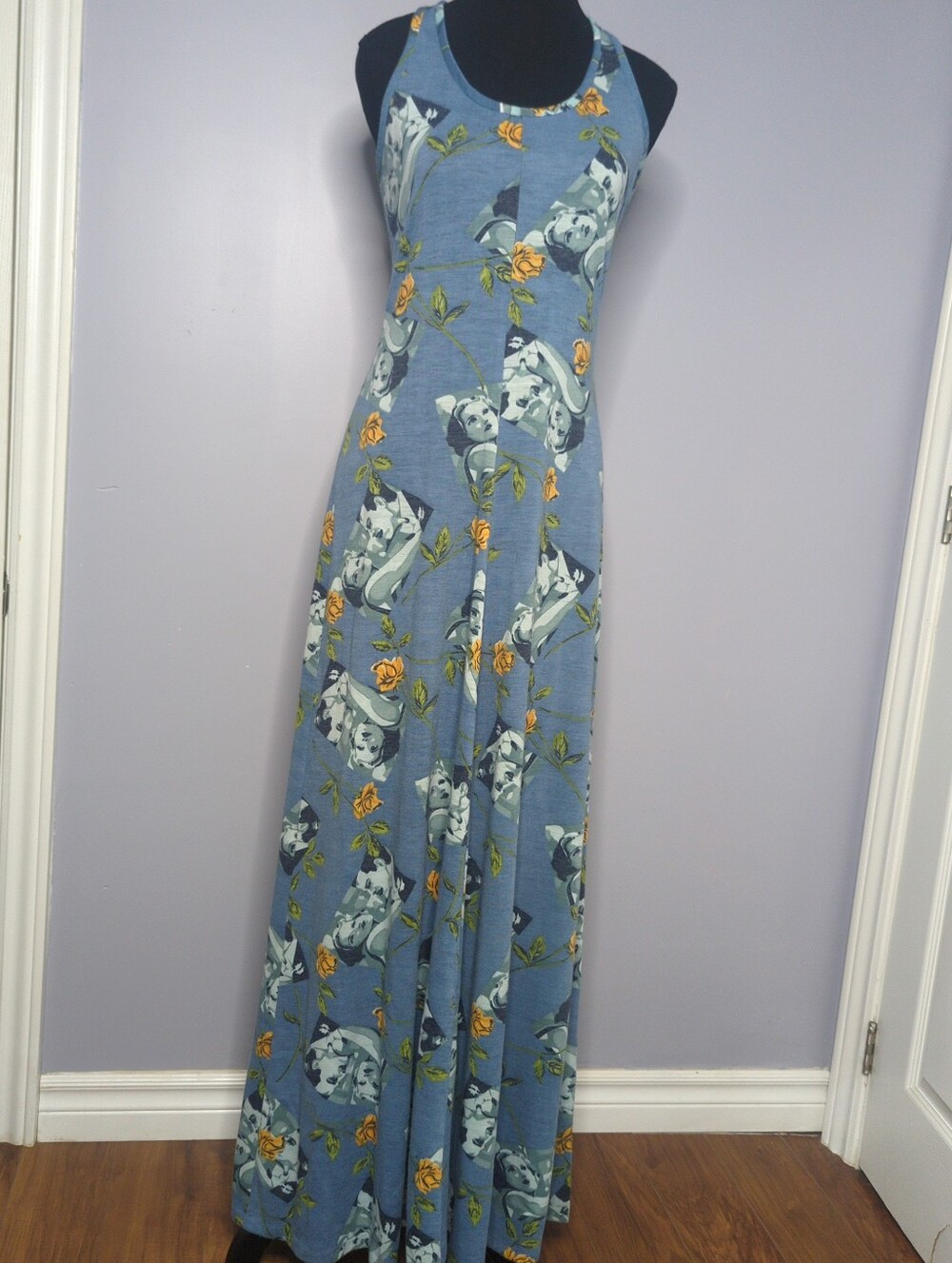 Vtg 70s Mr. Boots Limited Editions Graphic Pop Art Face Rose Knit Maxi Dress S